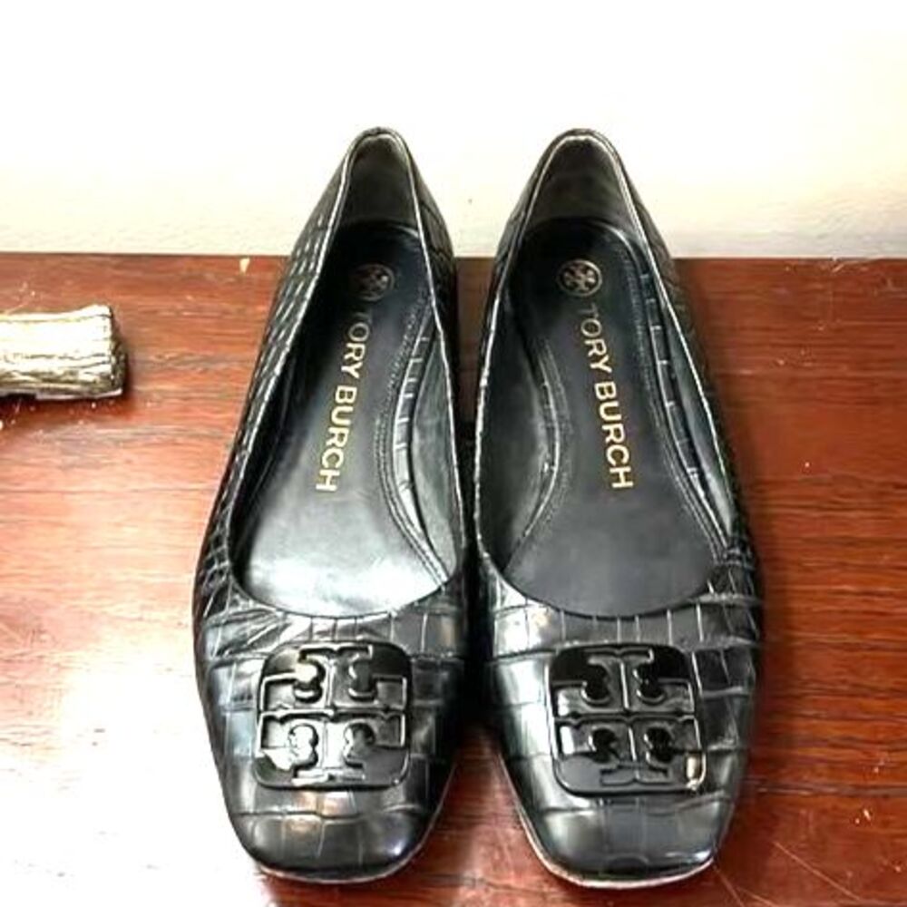 TORY BURCH WOMEN CROC EMBOSSED LEATHER GEORGIA BALLET FLAT IN PERFECT BLACK Sz 7